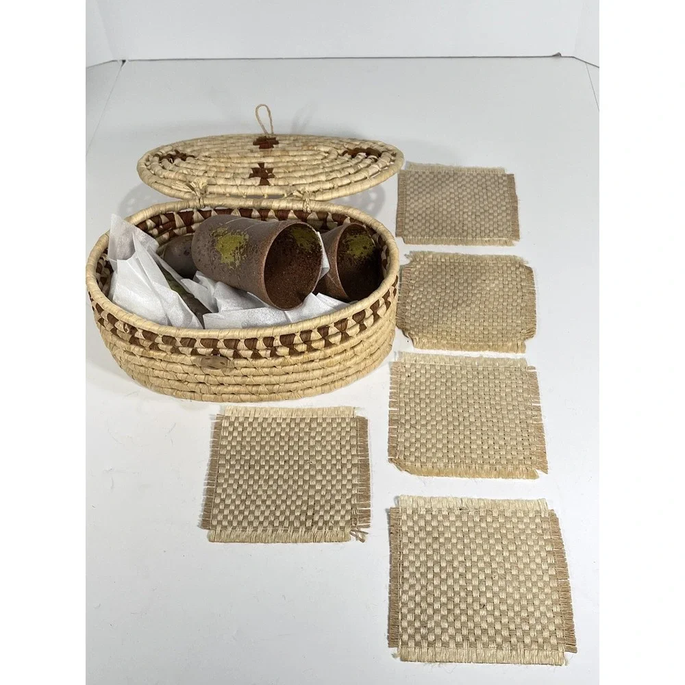 Asian Tea Sewing Basket + 5 Handmade Stoneware Teacups + Coasters vintage unique